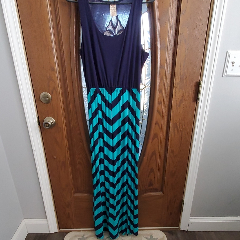 Navy Blue and Teal Green Maxi Dress